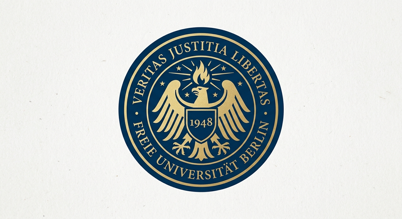 Freie Universität Berlin official logo, dark blue seal with Veritas Justitia Libertas motto, university name in serif font