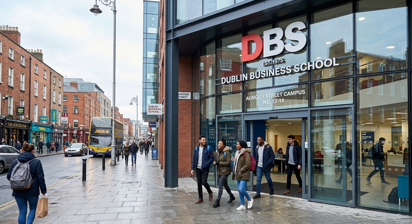 Modern Dublin Business School campus building on Aungier Street in Dublin city centre, students walking through glass-fronted entrance, contemporary architecture with Irish urban backdrop, bright overcast sky