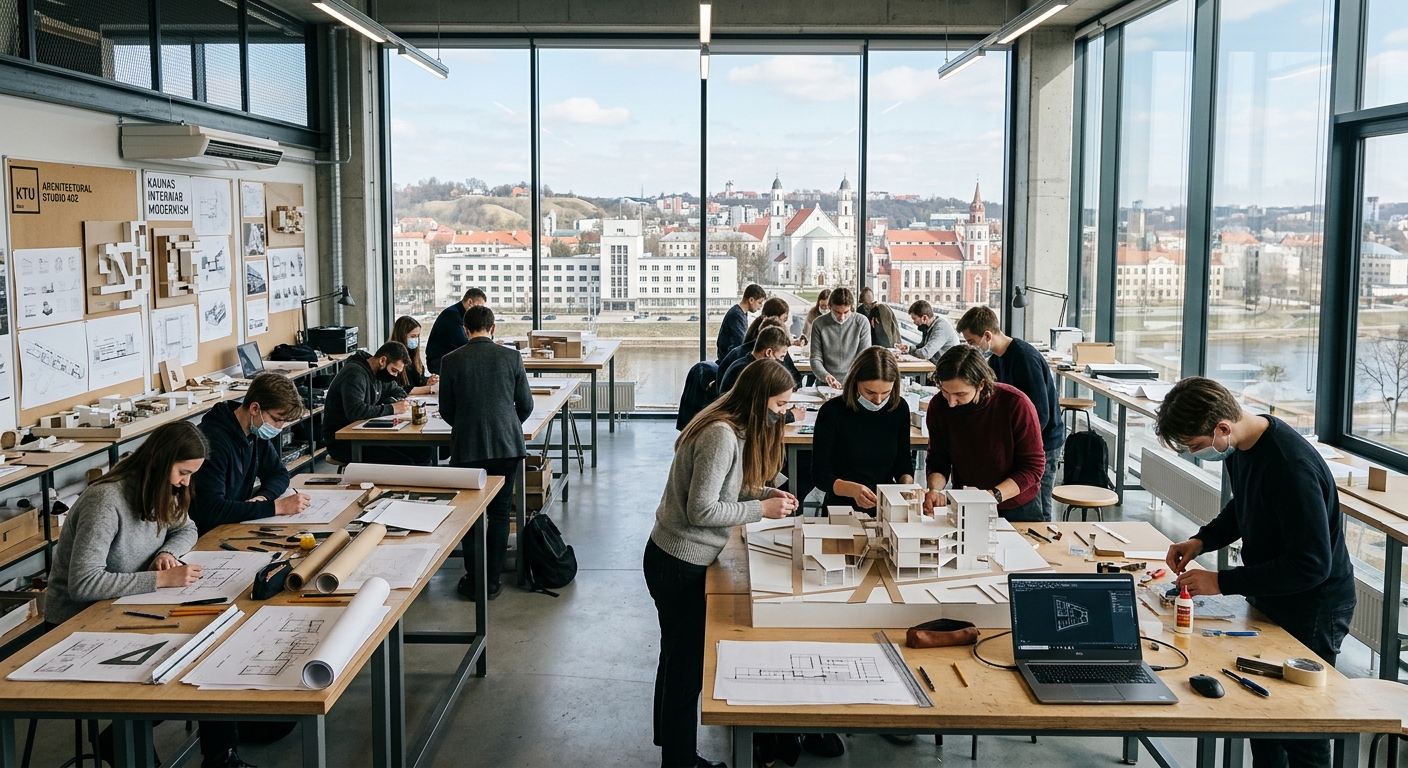 Modern architecture studio at Kaunas University of Technology with students working on building models and architectural drawings, large windows overlooking Kaunas cityscape with interwar modernist buildings, natural light filling the workspace
