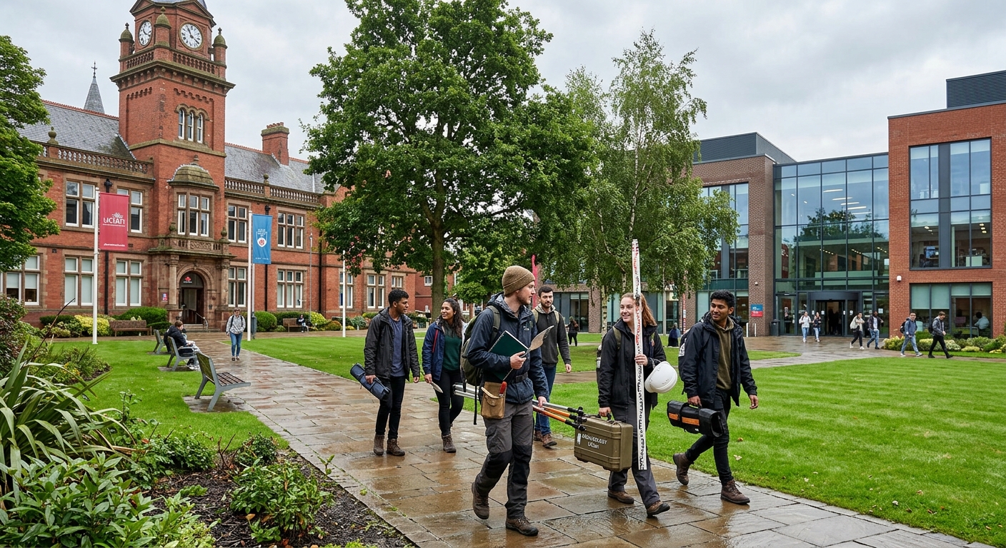 University of Lancashire Preston campus with historic and modern buildings, green courtyard, students walking with archaeological field equipment, overcast English sky