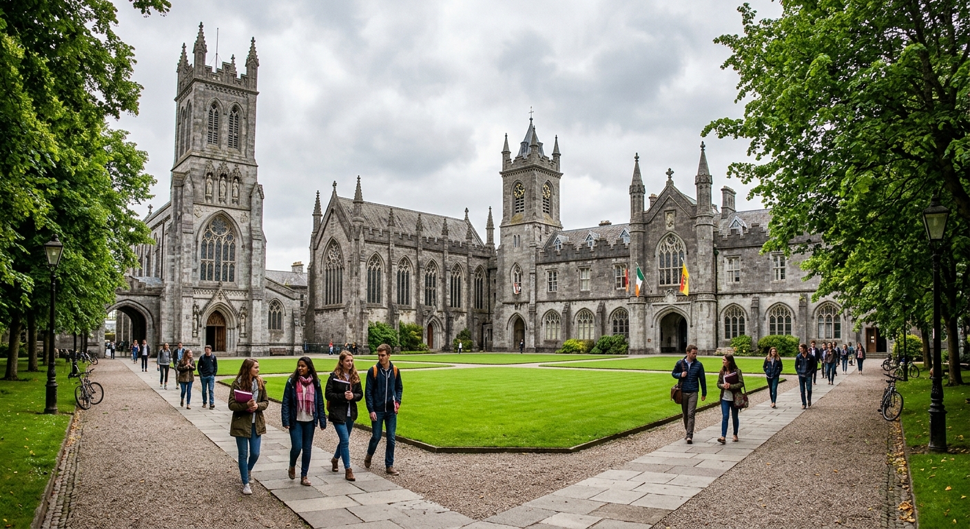 University College Cork historic limestone campus buildings with green quadrangle, students walking along tree-lined pathways, Gothic Revival architecture under overcast Irish sky