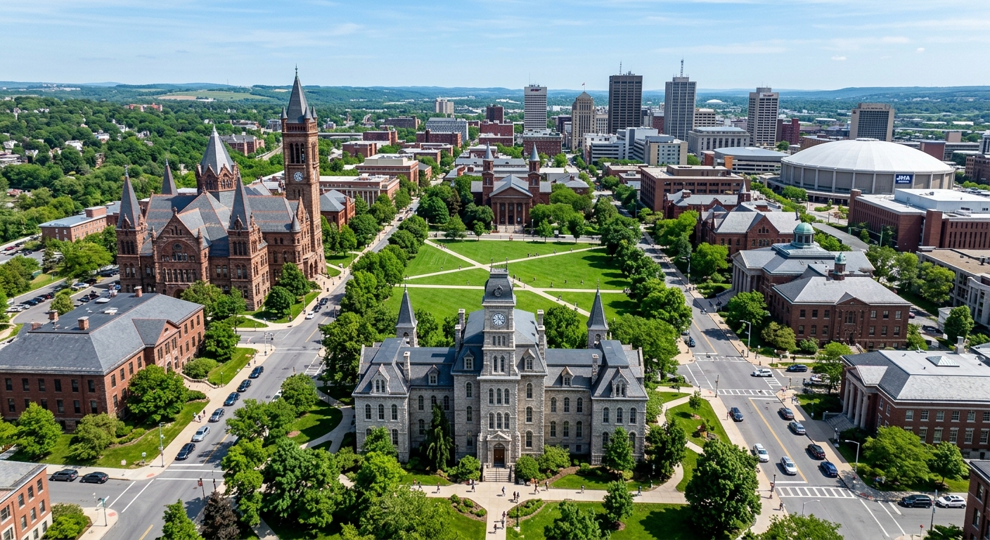 Syracuse University campus aerial view showing the Hall of Languages, Crouse College with Romanesque architecture, green quad areas, and the Syracuse city skyline in the background under clear blue sky