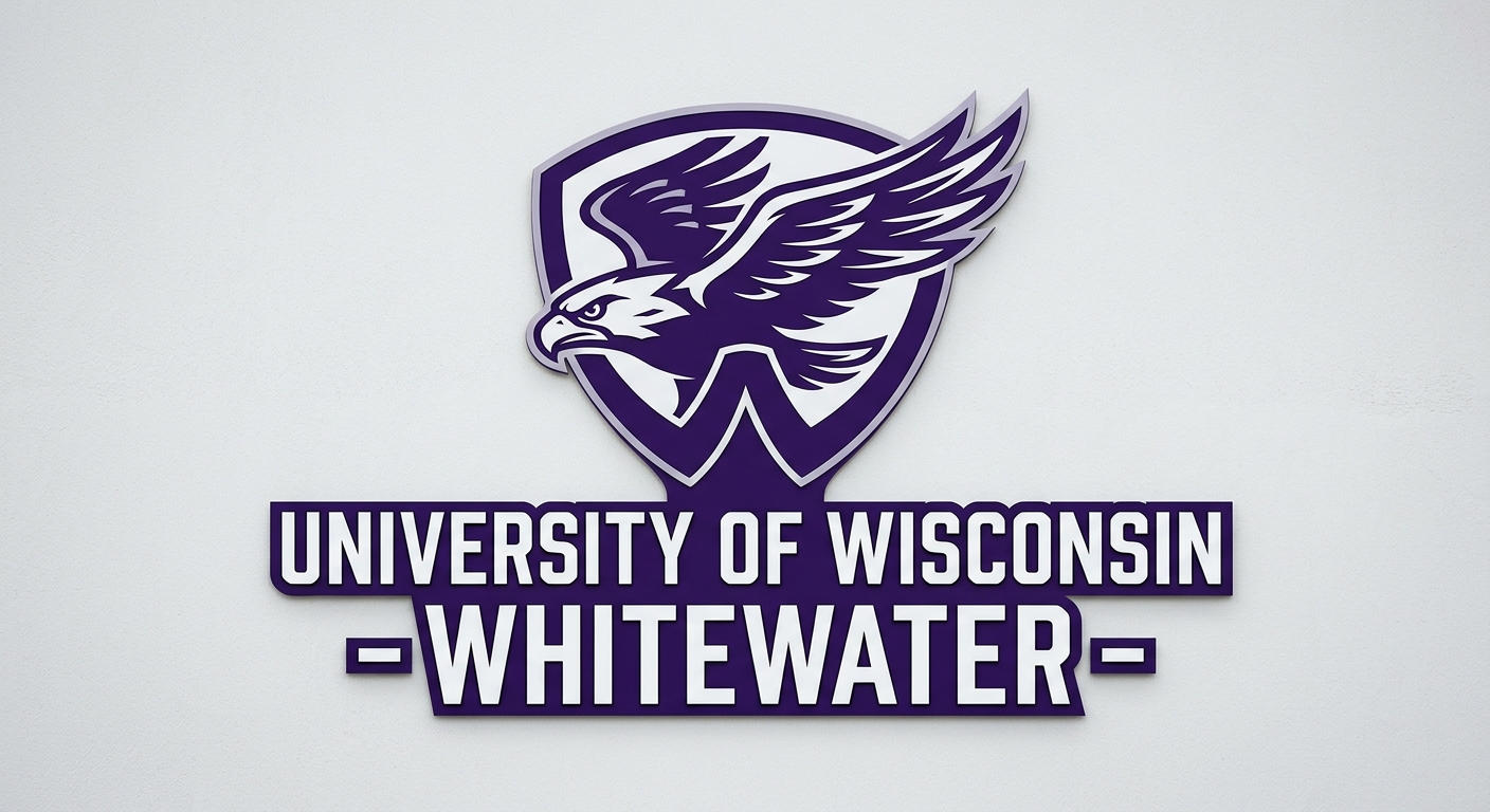 University of Wisconsin-Whitewater official logo, purple and white color scheme, stylized Warhawk emblem with university name text