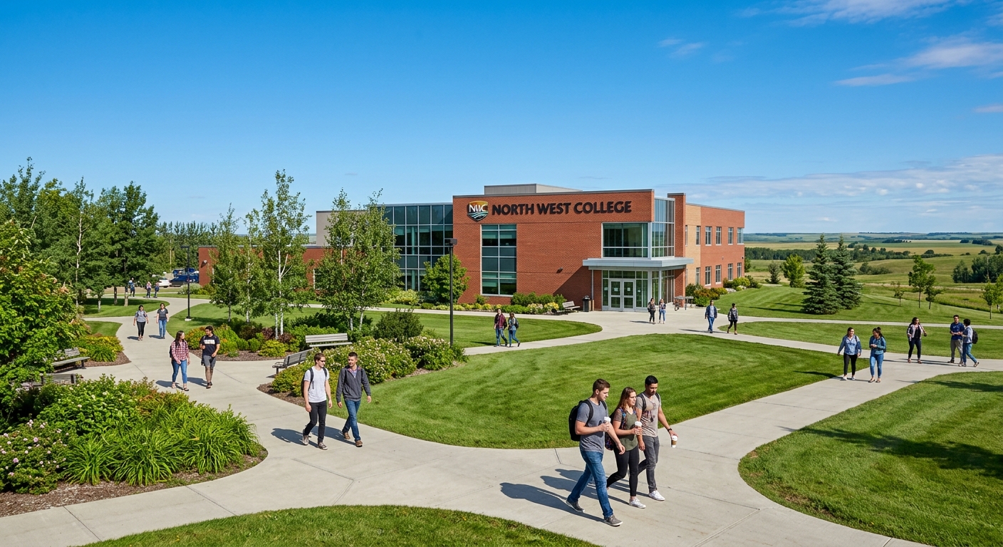 North West College campus building in Saskatchewan Canada with students walking on pathways, prairie landscape in background, clear blue sky, modern educational facility surrounded by green spaces