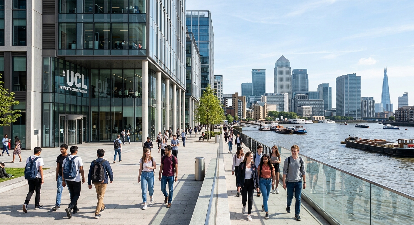 UCL University College London Canary Wharf campus exterior with modern glass buildings, students walking along the Thames riverfront, London skyline in the background, bright daylight