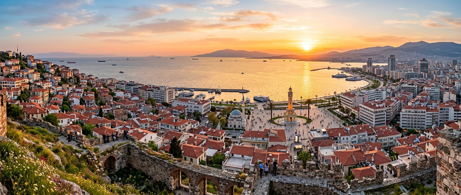 Panoramic view of İzmir city skyline from Kadifekale, Aegean Sea coastline, Konak Square clock tower visible, red-roofed buildings cascading down hillside, warm golden hour light