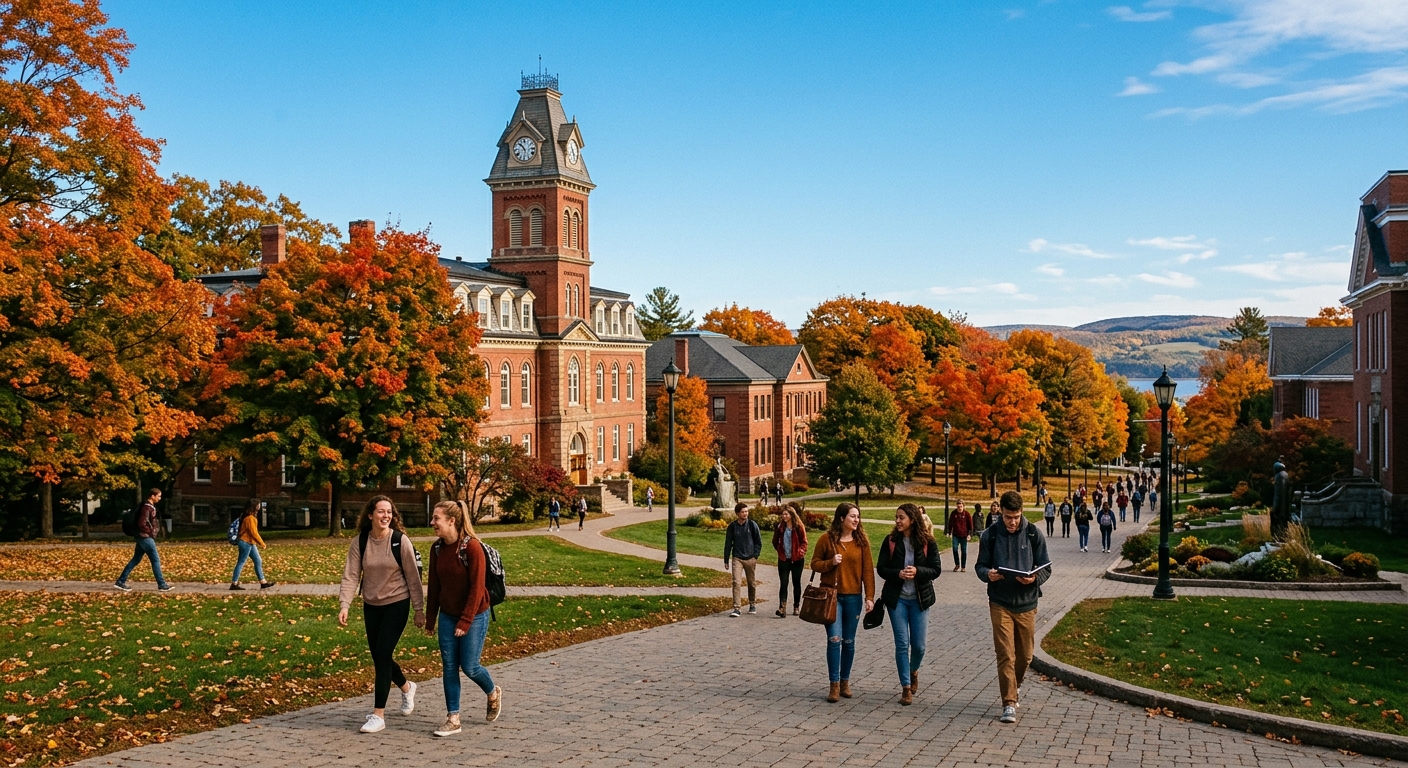 Historic red-brick Acadia University campus buildings surrounded by autumn foliage in Wolfville Nova Scotia, with students walking along tree-lined pathways under a clear blue sky