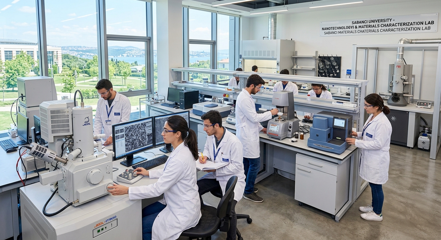 Modern engineering laboratory at Sabancı University campus in Istanbul, students working with advanced materials characterization equipment, electron microscopes and polymer testing instruments, bright clean lab environment with natural light