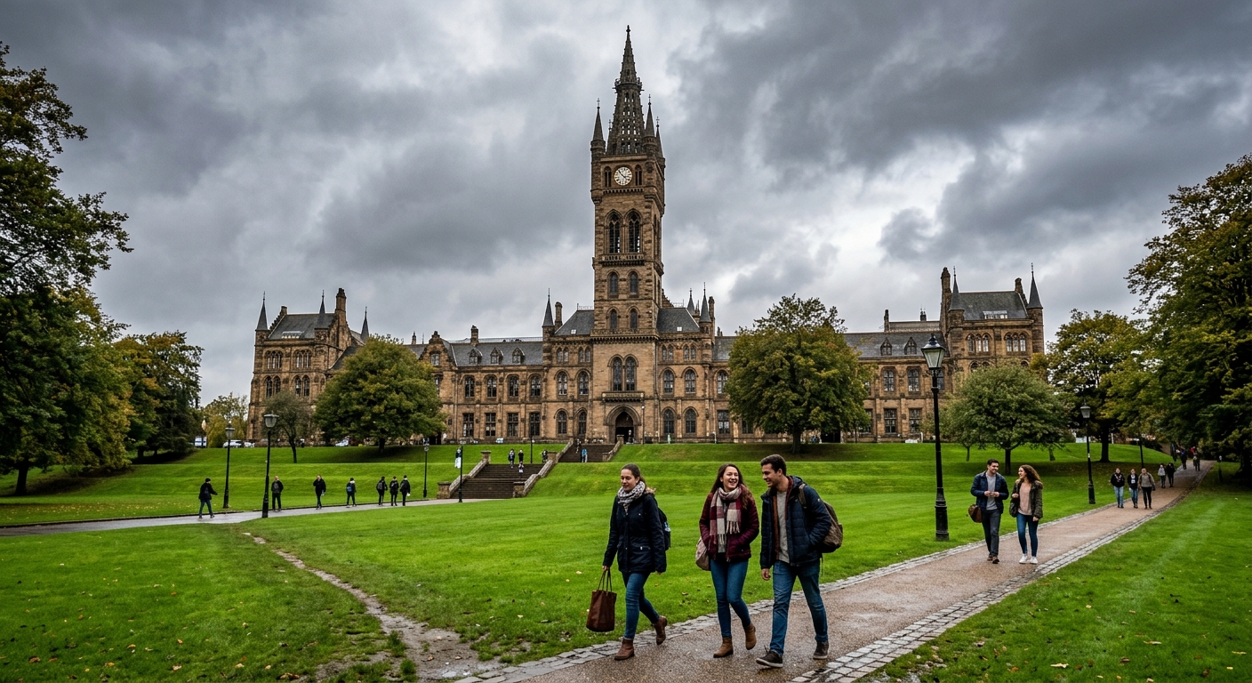 University of Glasgow historic Gothic revival main building with its iconic tower on the Gilmorehill campus, green lawns in the foreground, students walking along pathways, overcast Scottish sky