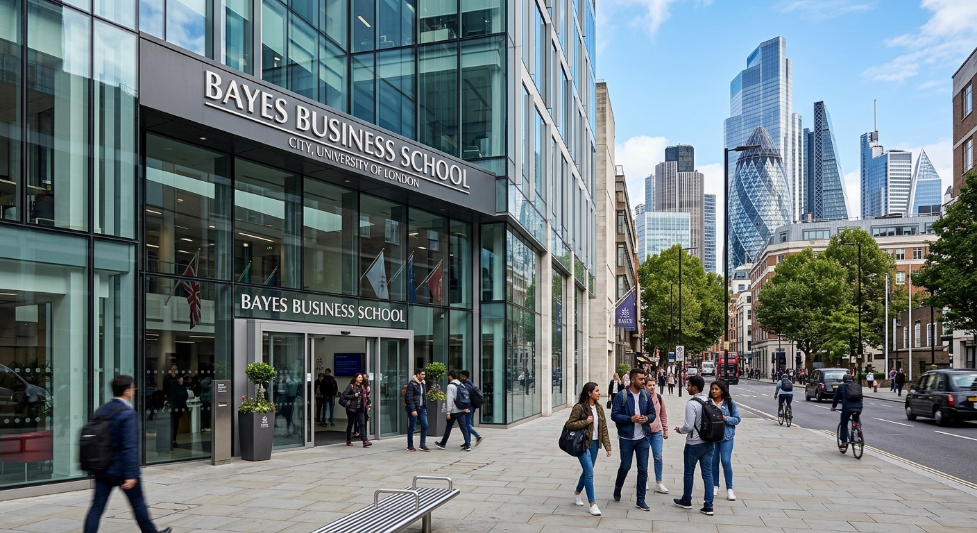 Modern Bayes Business School building exterior on Bunhill Row in London with glass facade, students walking near the entrance, City of London financial district skyline visible in the background, professional urban academic setting