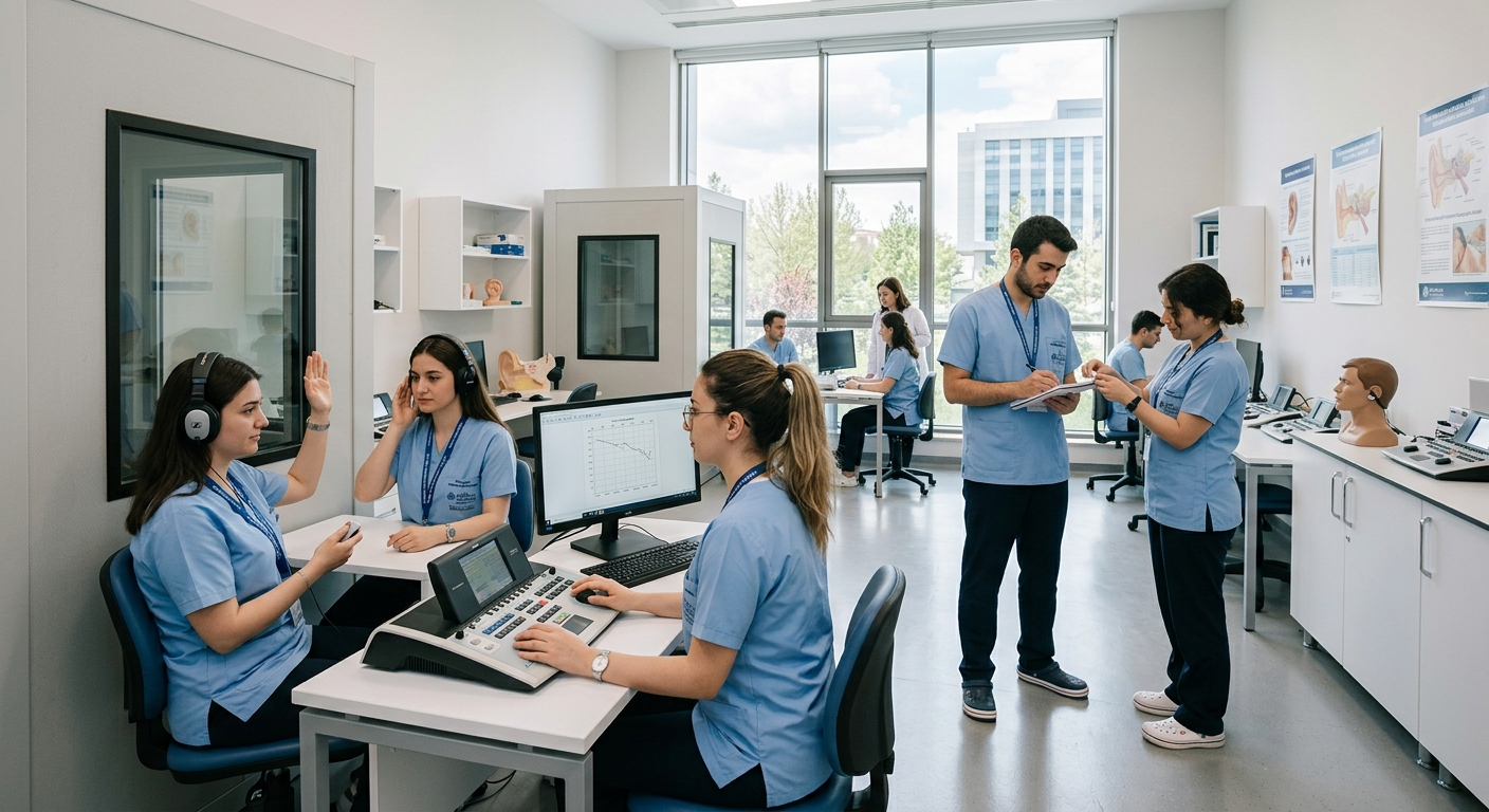Modern audiology clinical laboratory at Ankara Medipol University with students practicing hearing assessment techniques using audiometric equipment, professional healthcare setting with natural lighting