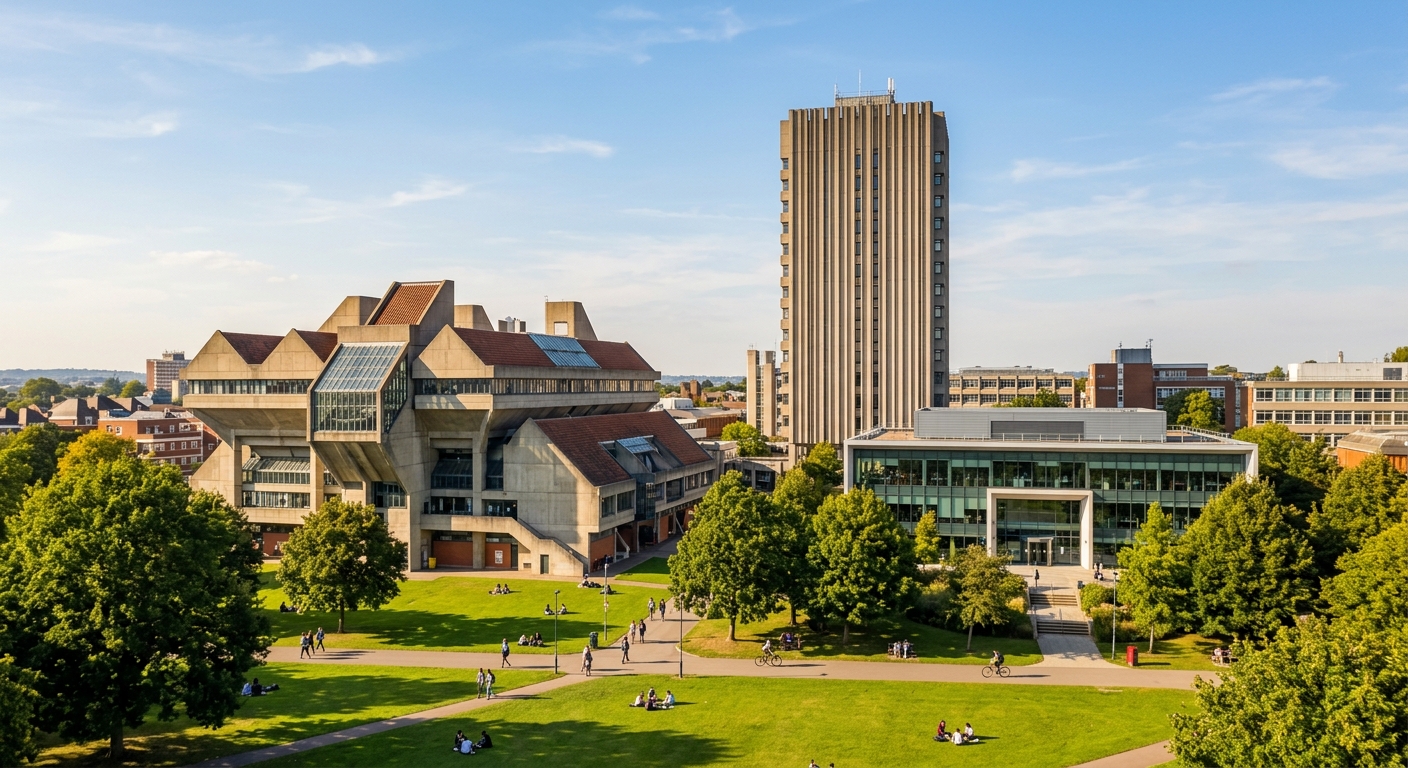 University of Leicester campus wide shot featuring the distinctive Attenborough Tower and Engineering Building against a blue sky, with Victoria Park green spaces in the foreground and the David Wilson Library visible, warm afternoon light