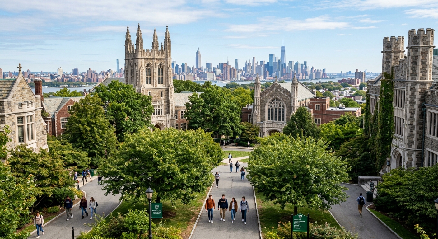 Manhattan University campus in Riverdale, New York, with Gothic-style academic buildings surrounded by green trees, students walking along pathways with the New York City skyline visible in the distance