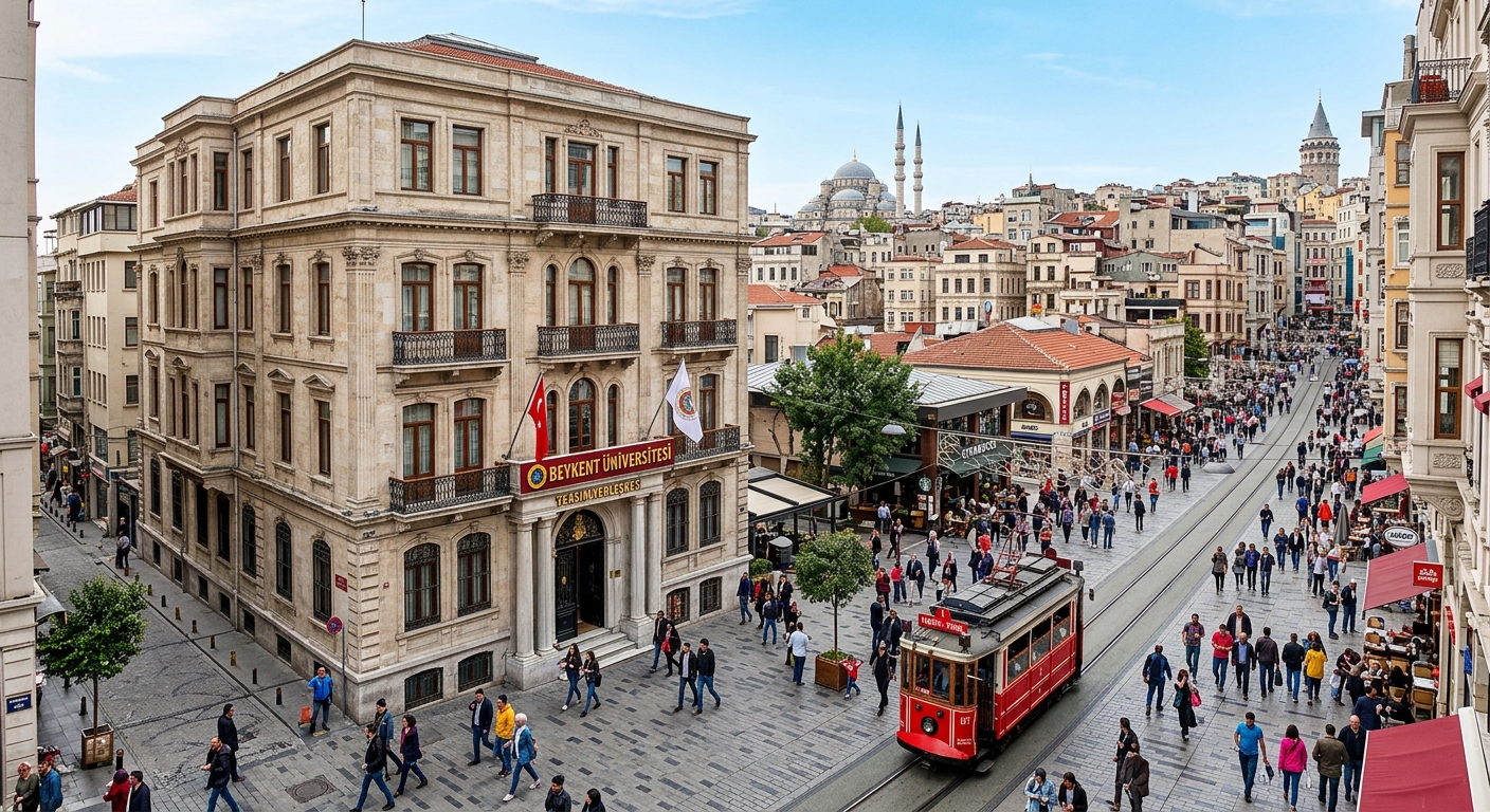 Beykent University Taksim Campus historic building in Beyoglu district, central Istanbul cityscape, busy urban surroundings with Istiklal Avenue nearby