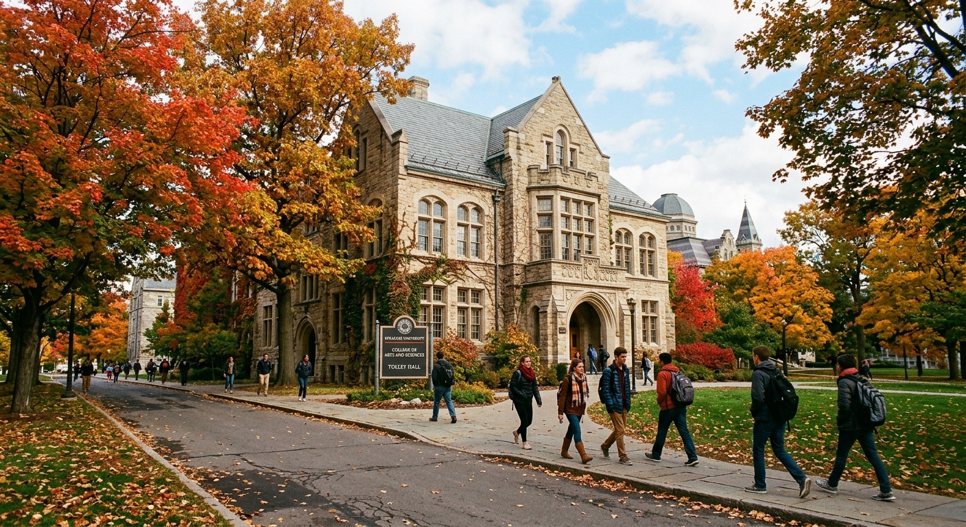 Historic Tolley Hall on Syracuse University campus in autumn, red and orange foliage surrounding the stone building, students walking along tree-lined paths, College of Arts and Sciences signage visible