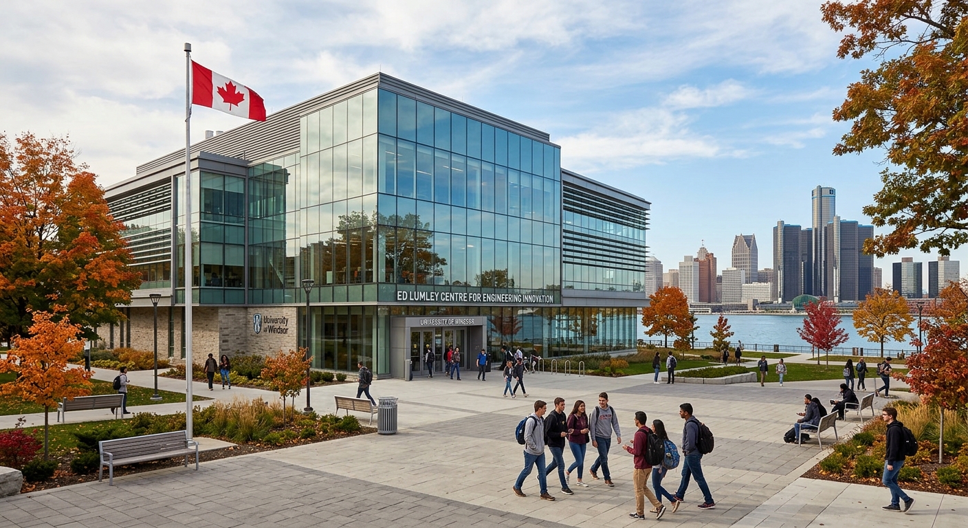 Modern engineering building at University of Windsor campus, Ed Lumley Centre for Engineering Innovation with glass facade, students walking across courtyard, Canadian flag visible, autumn trees, Detroit River in background