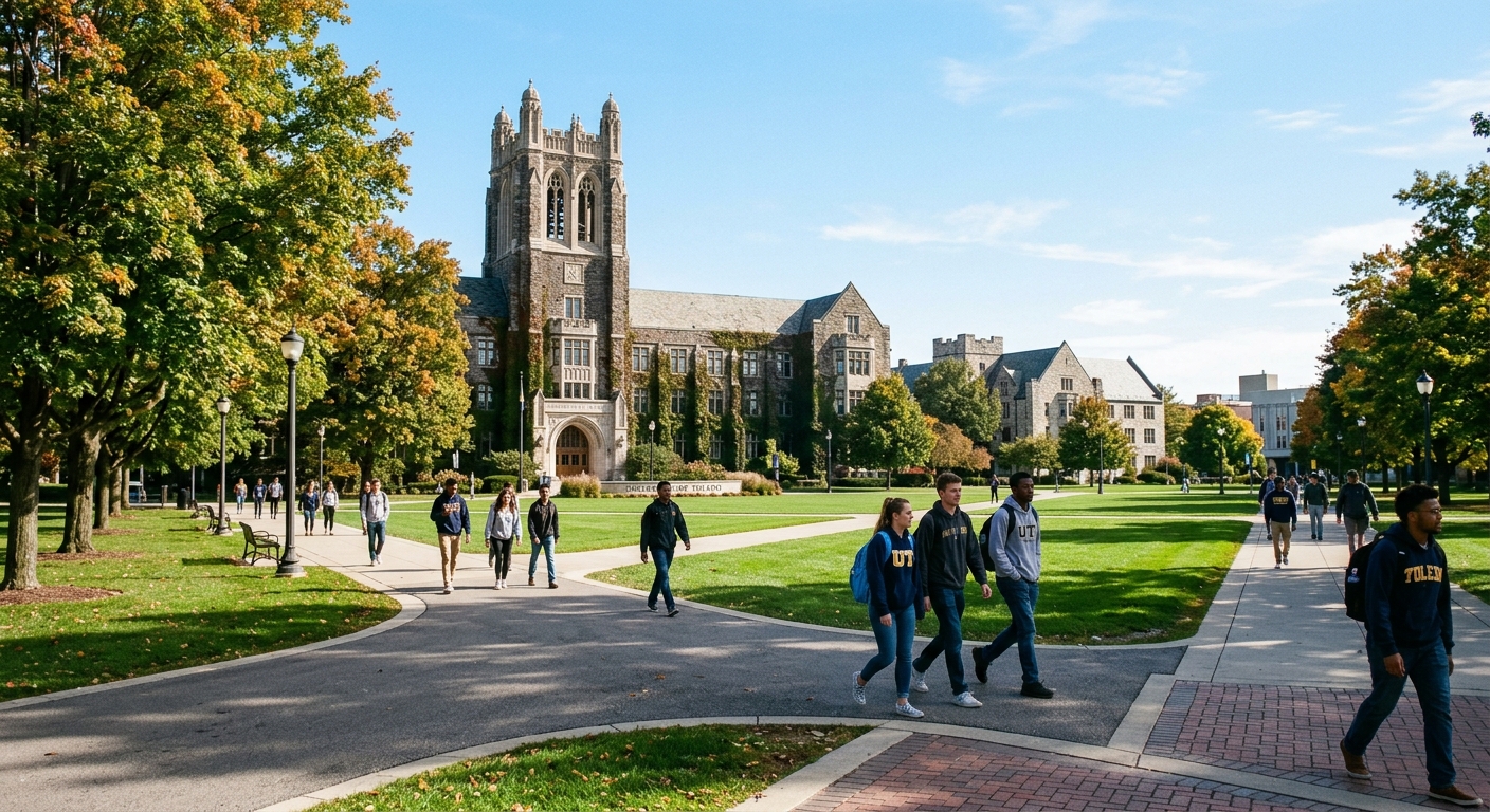 University of Toledo campus with historic stone buildings, green lawns, and tree-lined walkways in Toledo, Ohio, students walking across a scenic urban campus under clear skies