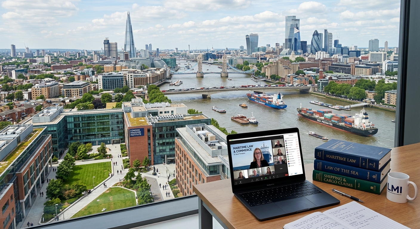 Aerial view of London skyline with the River Thames and cargo ships, modern university campus in the foreground, maritime law books on a desk, distance learning concept with a laptop showing a virtual classroom
