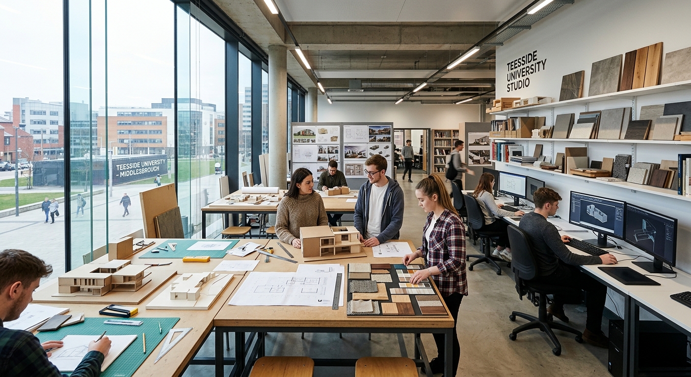 Modern interior design studio at Teesside University campus in Middlesbrough, students working on spatial design models and material boards, large windows with natural light, CAD workstations and architectural samples visible