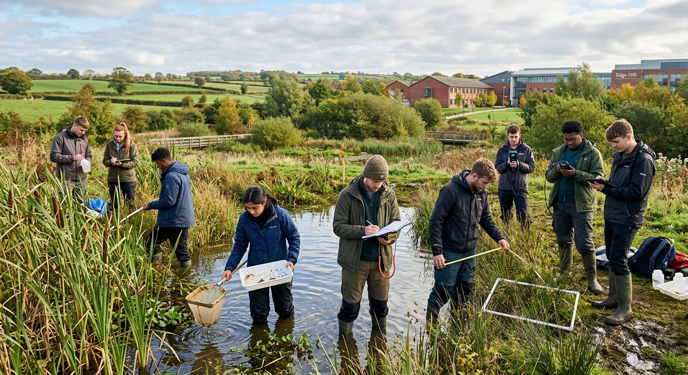 Edge Hill University green campus in Ormskirk with students conducting fieldwork in a natural wetland habitat, surrounded by Lancashire countryside, ecological survey equipment visible