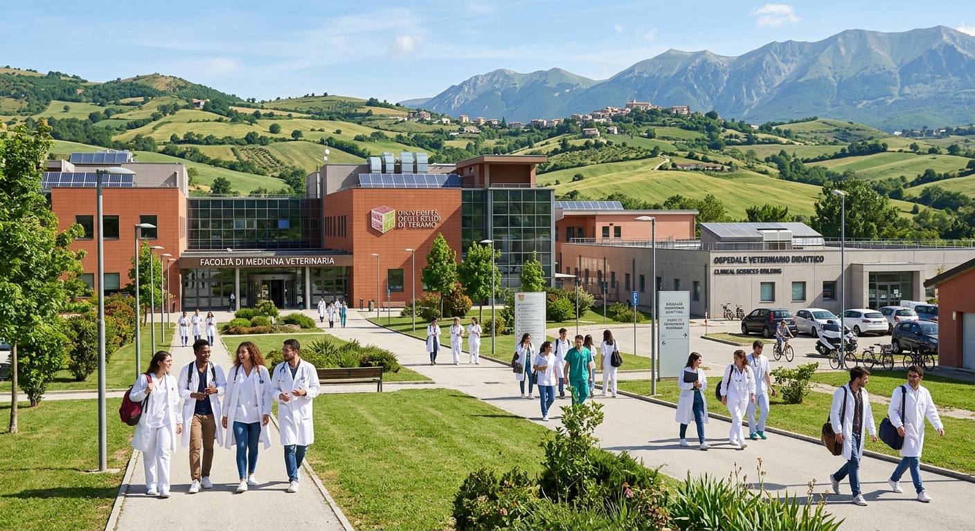 University of Teramo Veterinary Medicine campus with modern teaching hospital buildings, green Abruzzo hills in background, veterinary students in white coats walking between clinical facilities, bright Italian sunlight