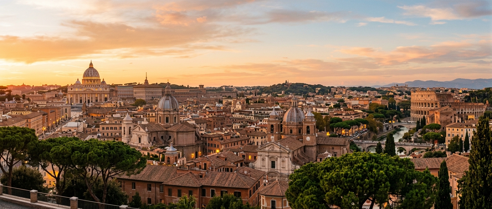 Panoramic view of Rome skyline at golden hour, St. Peter's Basilica dome, Colosseum in distance, terracotta rooftops, pine trees, warm Mediterranean light