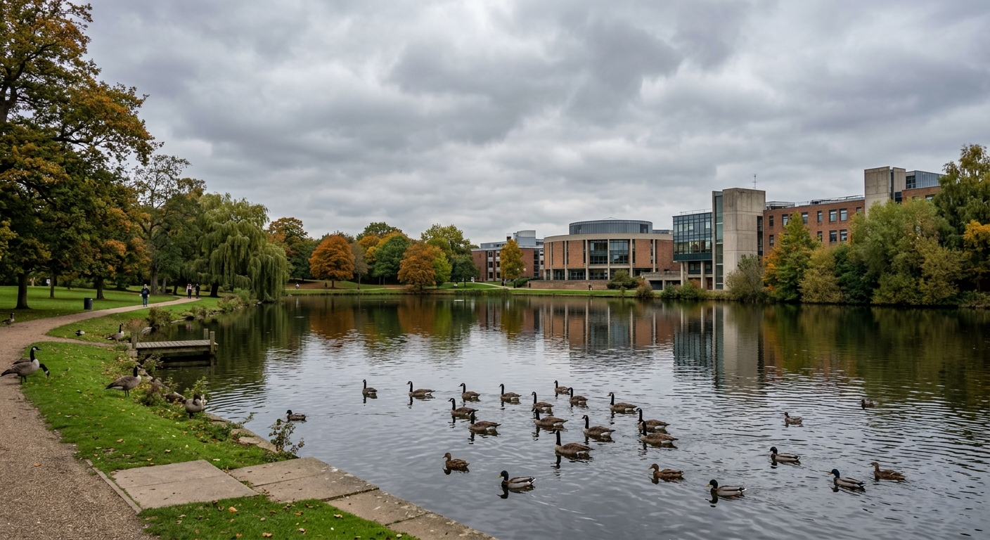 University of York Heslington campus lake with modern buildings reflected in water, geese and ducks on the lake, green lawns and trees, overcast sky typical of northern England