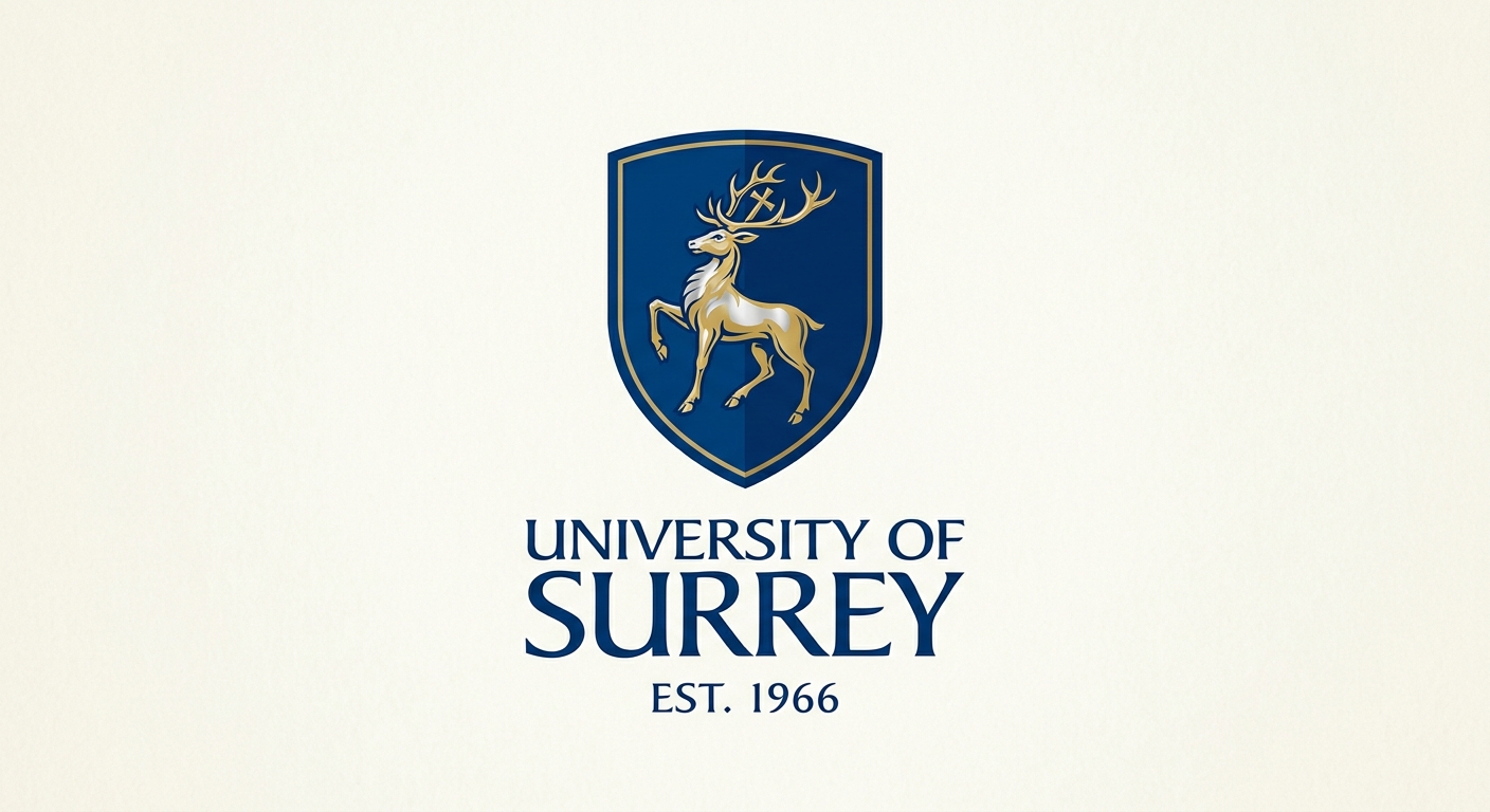 University of Surrey official logo, dark blue shield crest with stag emblem and university name text