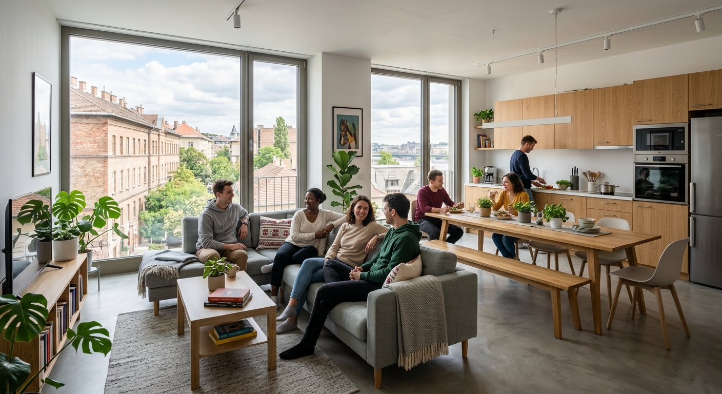 Student residence building in Budapest with shared apartment-style living spaces, common kitchen area, and cozy living room, contemporary European design