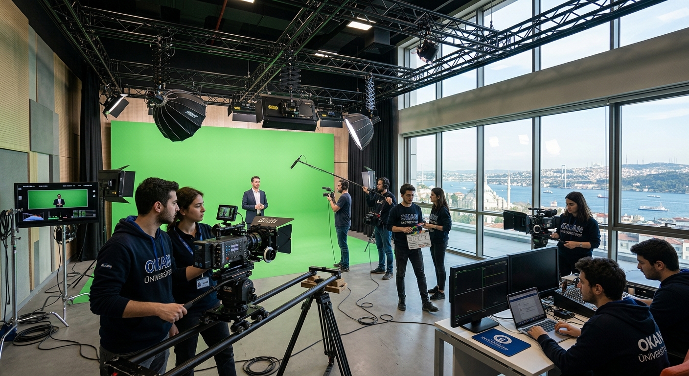 Modern film studio interior at Istanbul Okan University campus with professional cinema cameras, lighting rigs, green screen setup, and students collaborating on a production set, Istanbul skyline visible through large windows