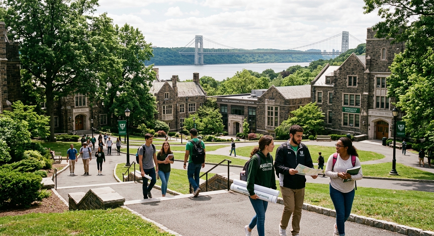 Manhattan University campus in Riverdale, New York, with historic stone buildings surrounded by green trees, the Hudson River and George Washington Bridge visible in the background, engineering students walking along campus pathways