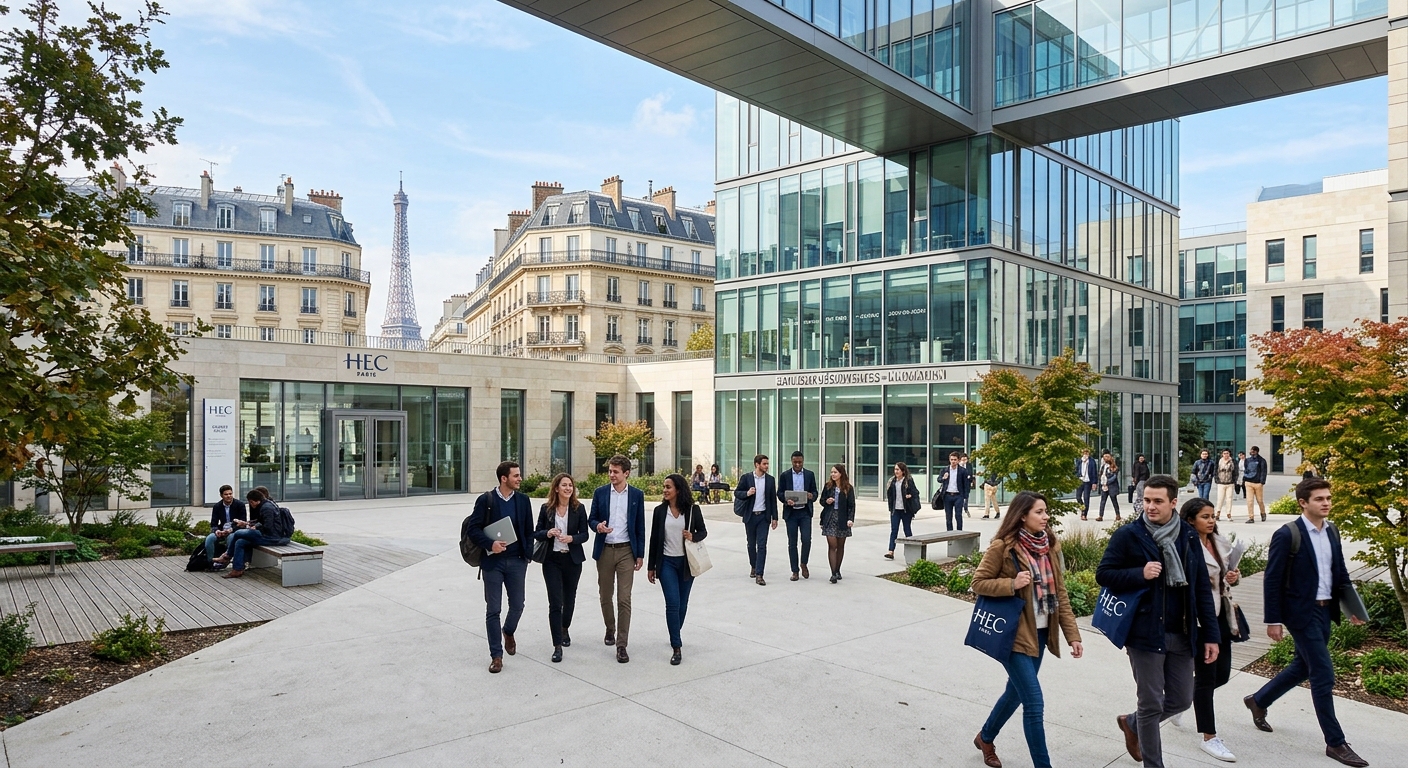 Modern business school campus in Paris with students walking through a contemporary courtyard, Parisian architecture visible in the background, bright daylight, professional academic atmosphere