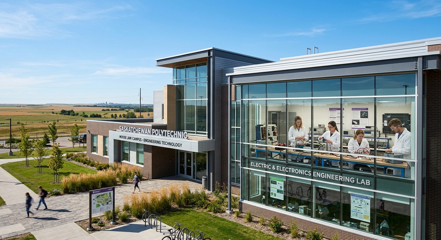 Saskatchewan Polytechnic Moose Jaw campus building with modern engineering labs, students working with electrical equipment, prairie landscape in background, clear blue sky