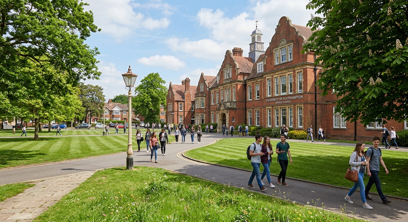 University of Southampton Avenue Campus with historic brick buildings, green lawns, and students walking along tree-lined paths on a bright day in Southampton, England