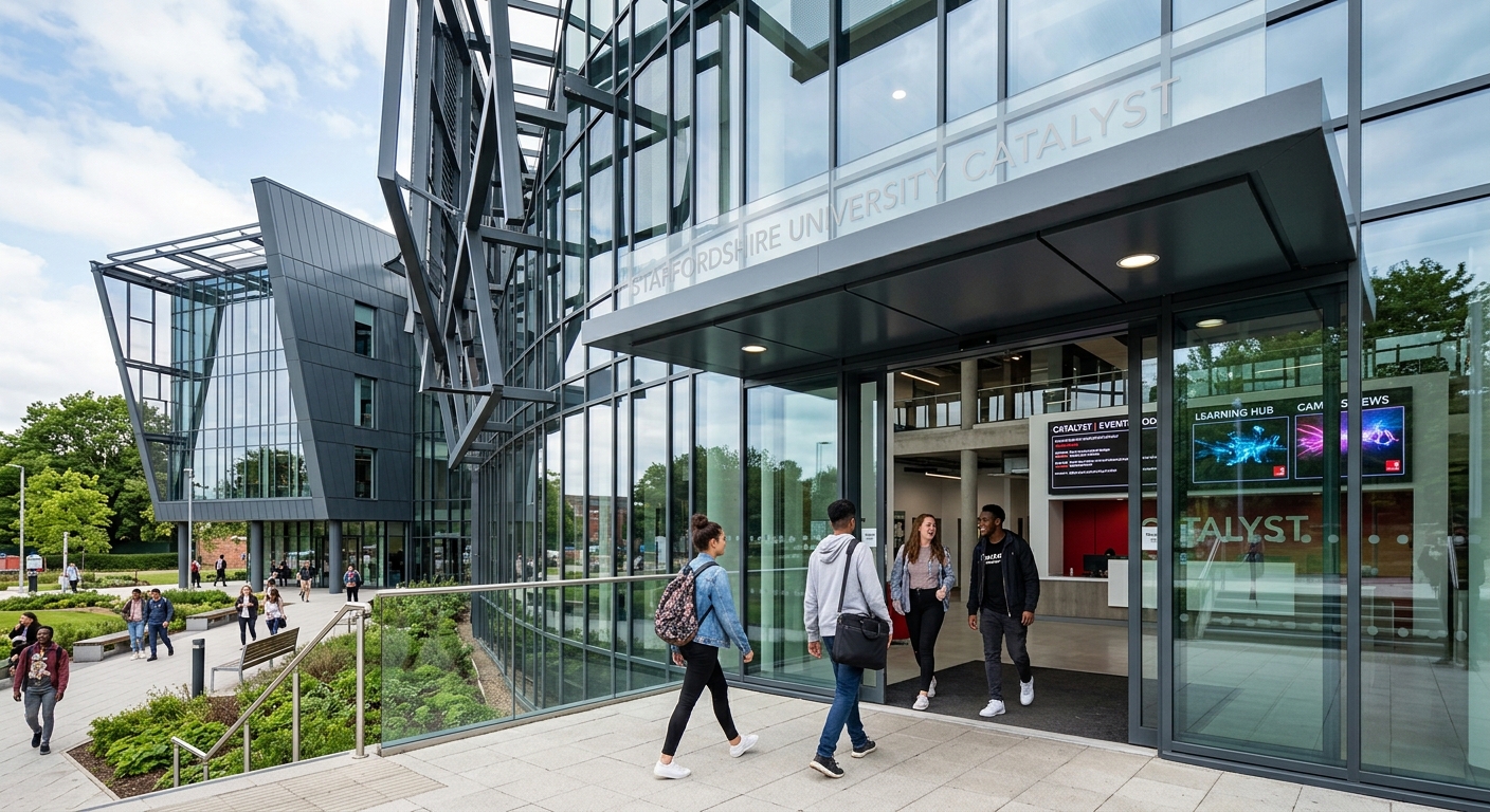 Staffordshire University Catalyst Building, modern glass and steel architecture, students entering through main doors, digital screens visible inside, contemporary university building design