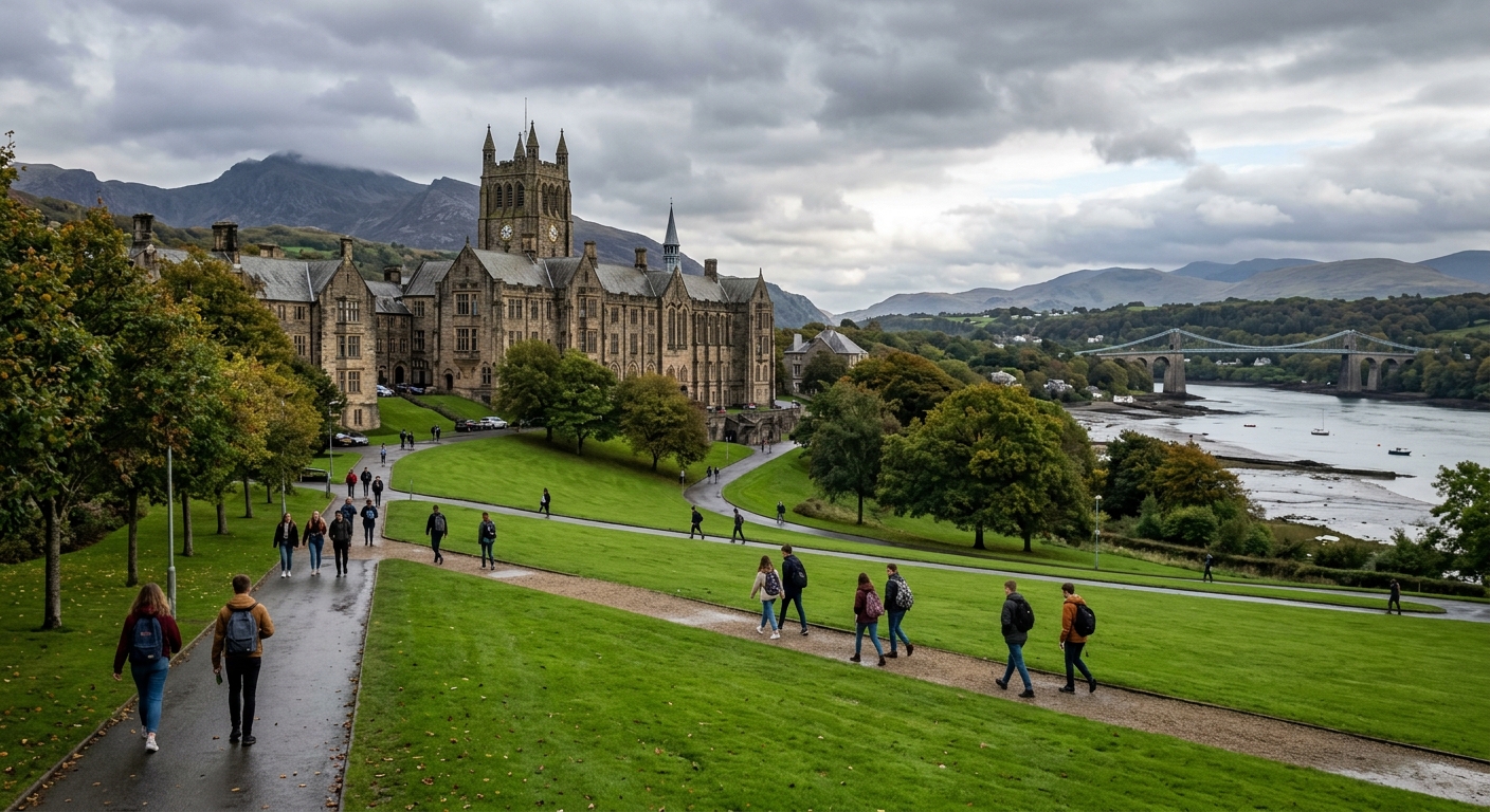 Bangor University campus with historic stone buildings nestled between Snowdonia mountains and the Menai Strait, students walking across green lawns under overcast Welsh skies