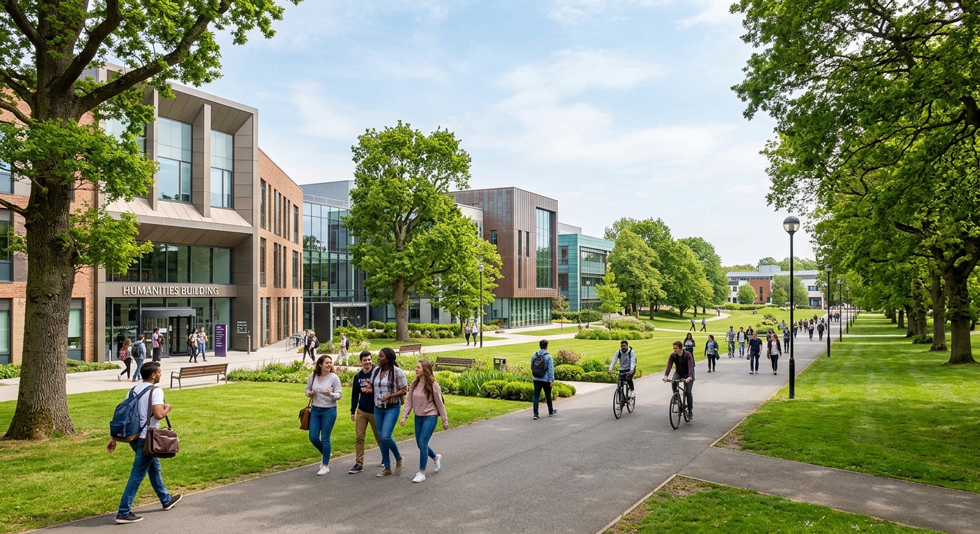 University of Warwick campus with modern academic buildings surrounded by green parkland, students walking along tree-lined paths near the Humanities building, clear sky with soft natural light