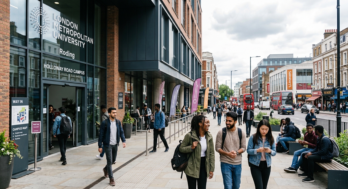 London Metropolitan University modern campus building in Holloway, North London, with diverse international students walking through the entrance area, urban cityscape visible in background, bright overcast sky typical of London