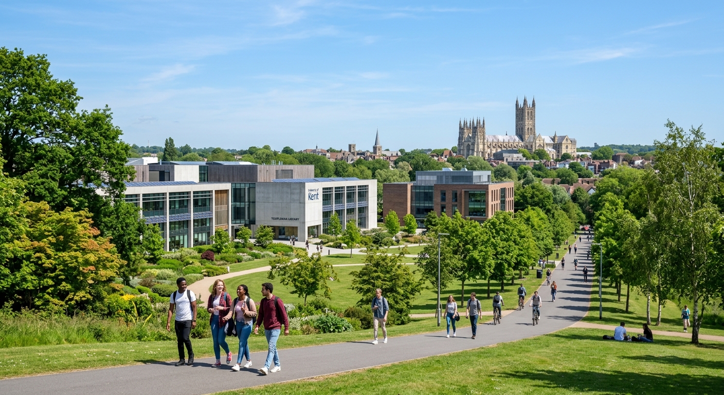 University of Kent Canterbury campus with modern academic buildings surrounded by green parkland, students walking along tree-lined paths, historic Canterbury Cathedral visible in the background under a clear sky