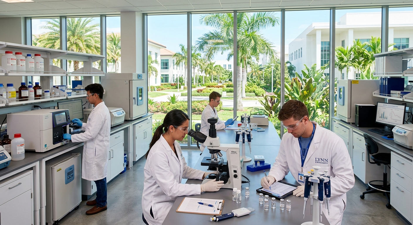 Modern science laboratory at Lynn University in Boca Raton Florida, graduate students in lab coats using microscopes and sophisticated equipment, tropical campus visible through large windows, bright natural light