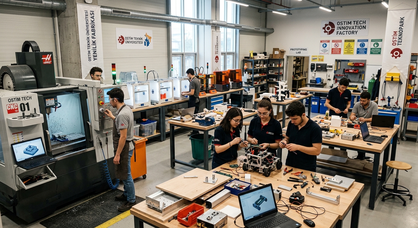 OSTIM Technical University Innovation Factory workshop space inside OSTIM Technopark, students building prototypes, 3D printers and CNC machines visible, collaborative workspace