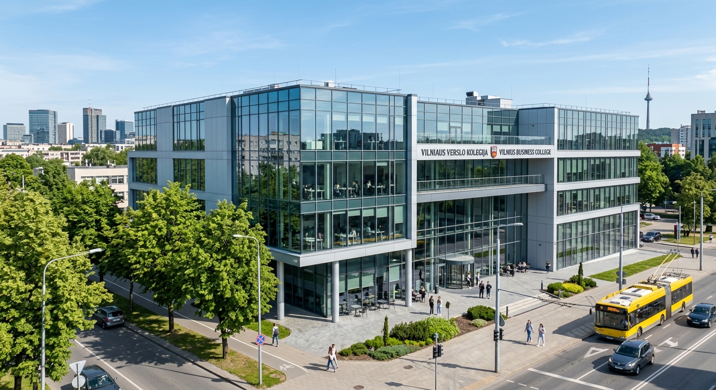 Vilnius Business College modern campus building on Saltoniskiu street, contemporary architecture with large glass windows, urban Vilnius setting with green trees, clear sky