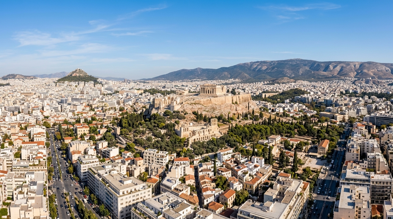 Athens Greece panoramic cityscape with the Acropolis and Parthenon on the hill, modern city buildings below, clear blue sky, Mediterranean light, urban landscape with mountains in background