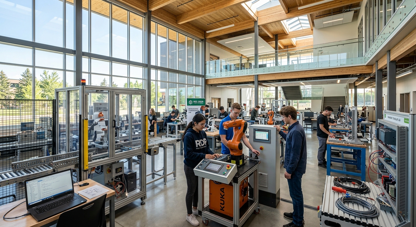Modern polytechnic campus building at Red Deer Polytechnic in Alberta Canada, engineering technology lab with industrial automation equipment, students working with robotic arms and control panels, bright open learning space with natural light