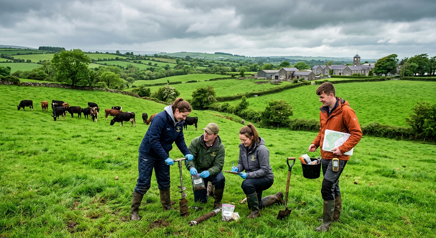 Lush green Irish farmland with rolling hills and grazing cattle near Mountbellew Agricultural College, students in field work attire conducting soil sampling, overcast sky typical of western Ireland