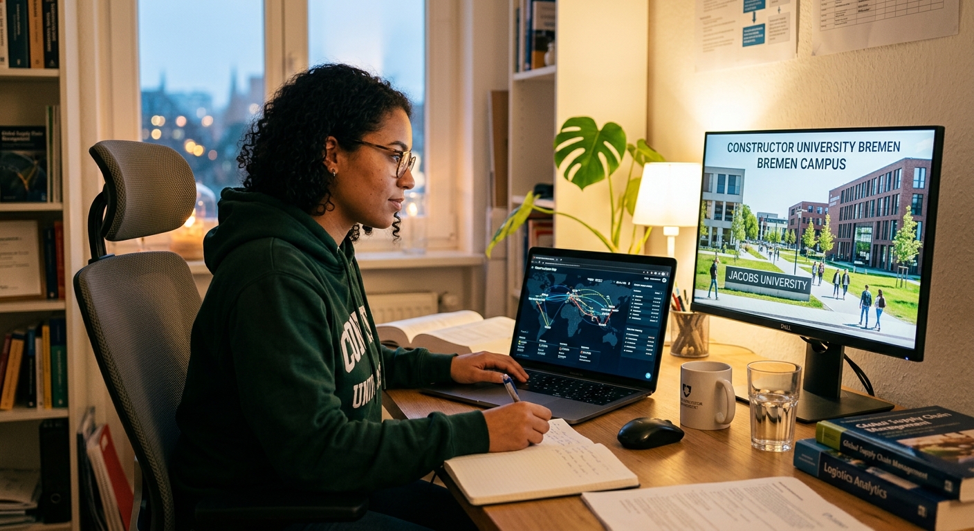 Modern digital workspace with supply chain network visualization on screen, global logistics map with connected nodes, student studying online with laptop in a well-lit home office, Constructor University Bremen campus visible on a secondary monitor