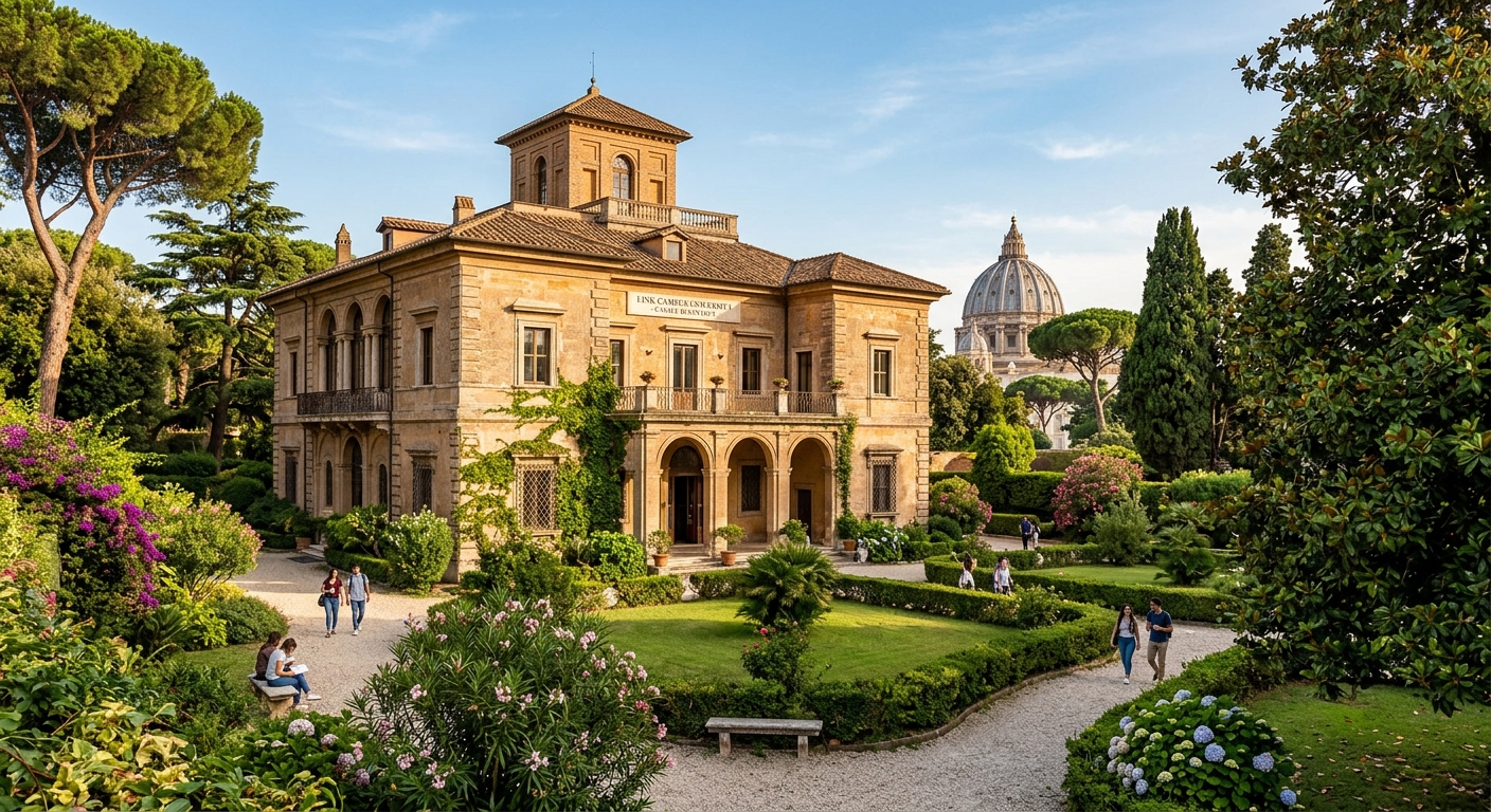 Link Campus University Casale di San Pio V historic manor building surrounded by lush green gardens near Vatican City in Rome, warm Mediterranean sunlight, elegant Renaissance architecture with stone facade