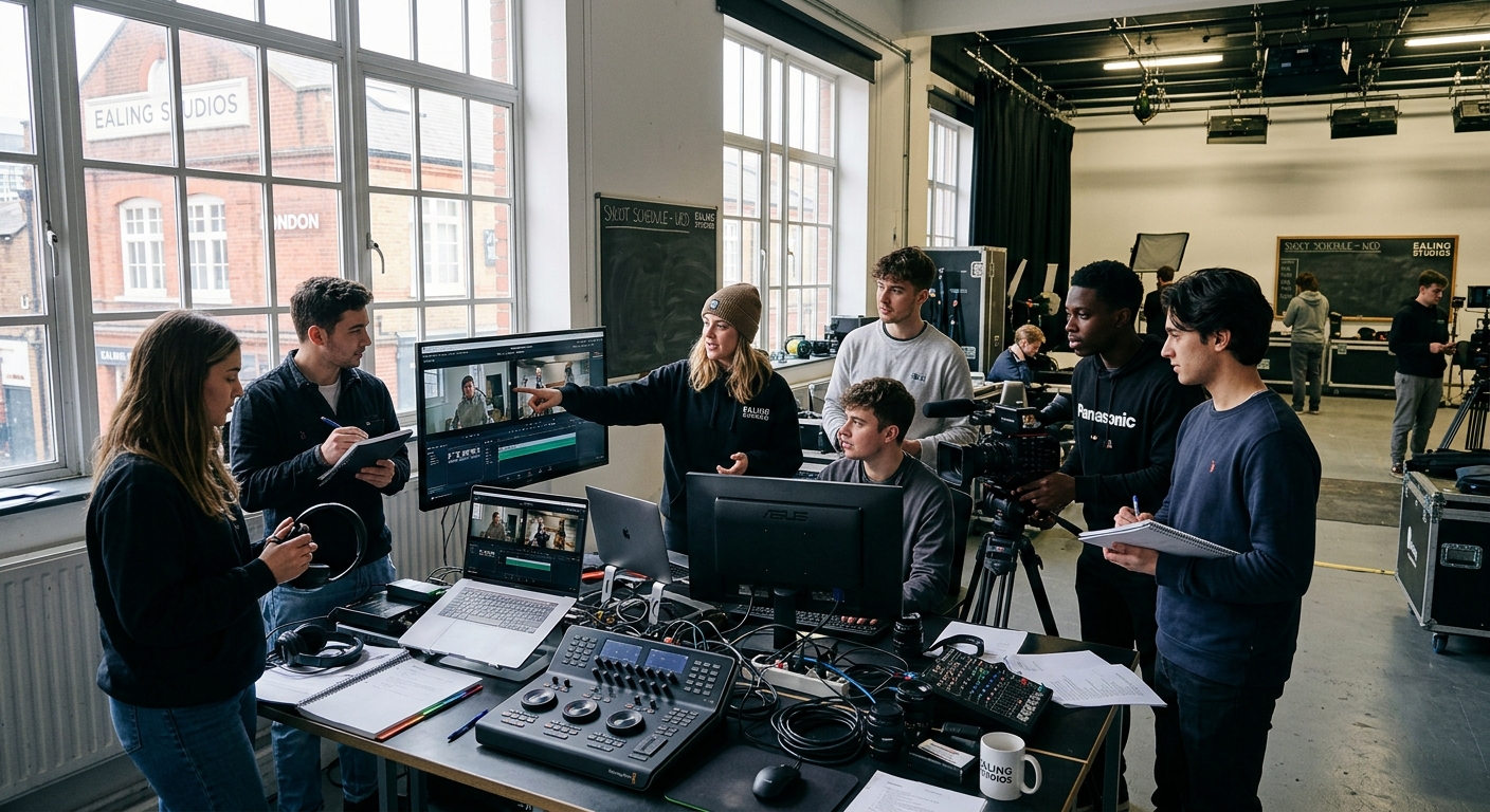Modern film studio interior at Ealing Studios London, students collaborating around a production desk with cameras and monitors, natural light streaming through large windows, creative and professional atmosphere