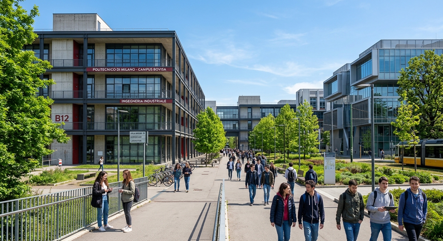 Politecnico di Milano Bovisa campus with modern engineering buildings, students walking among contemporary architecture, industrial-style academic hub in Milan with clear sky and green spaces