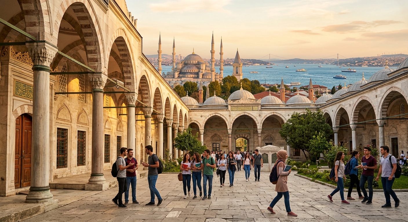 Historic Istanbul skyline with Ottoman-era university buildings, students walking through a courtyard with arched corridors, the Bosphorus visible in the background, warm golden light